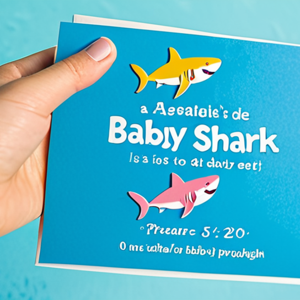**Professional Baby Shark Birthday Invitation**
A professional, high-quality photograph of a vibrant, custom-designed children's birthday party invitation. The invitation is crafted from azure blue cardstock, shaped like a cheerful, smiling Baby Shark. It features layers of small, pastel-colored shark cutouts meticulously glued onto the main card, giving it a charming, handcrafted appeal. Bold text on the invitation reads, "Prépare-toi à plonger dans une mer de rires et de chansons avec Baby Shark !" (Get ready to dive into a sea of laughter and songs with Baby Shark!). The overall design is bright, whimsical, and highly appealing to children, with a soft, blurred light blue background to enhance the underwater theme.
safe for work, appropriate content, family-friendly, professional photography, high quality, perfect anatomy, correct proportions, natural pose, well-formed hands, proper finger count, natural body proportions, fully clothed, modest clothing, appropriate attire, professional dress.