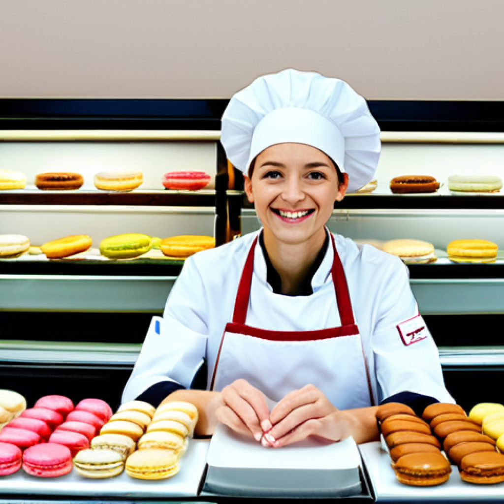 A Parisian Patisserie**
"A bright and inviting Parisian patisserie, filled with colorful macarons and delicate pastries displayed in glass cases, a fully clothed female baker wearing a chef's hat and apron smiling warmly at the camera, appropriate content, safe for work, professional photography, perfect anatomy, natural proportions, well-formed hands, proper finger count, professional, family-friendly, modest clothing."
**