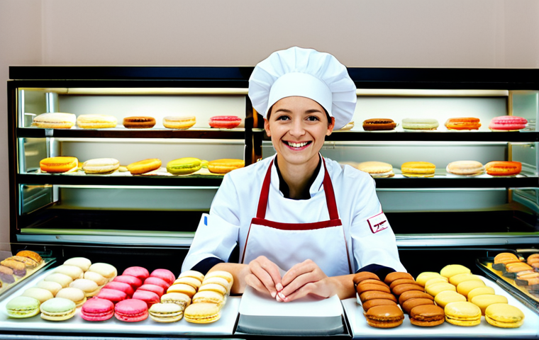 A Parisian Patisserie**
"A bright and inviting Parisian patisserie, filled with colorful macarons and delicate pastries displayed in glass cases, a fully clothed female baker wearing a chef's hat and apron smiling warmly at the camera, appropriate content, safe for work, professional photography, perfect anatomy, natural proportions, well-formed hands, proper finger count, professional, family-friendly, modest clothing."
**
