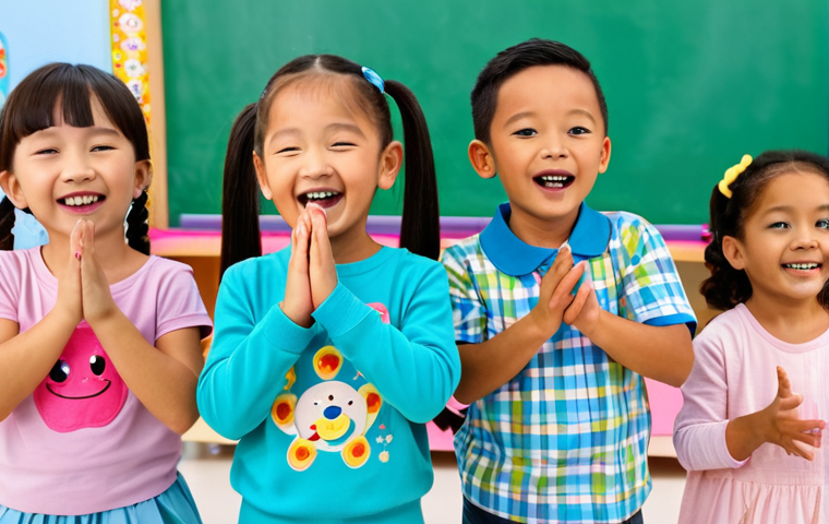 핑크퐁과 유아 심리학 - Rhythmic Learning**
"A group of fully clothed, happy children in a bright and colorful kindergarten...