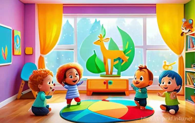 핑크퐁과 키즈 콘텐츠 - **Vibrant Melodies and Joyful Discoveries:** A happy, diverse group of toddlers and preschoolers, ag...