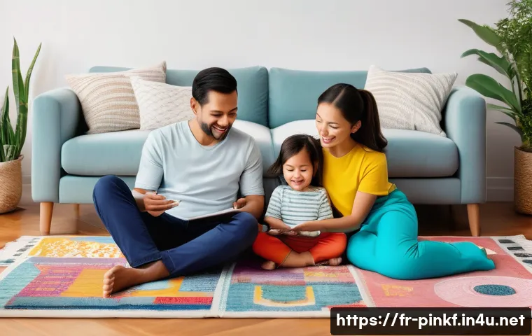 아기상어와 가족관계 교육 - **Prompt:** A cozy and brightly lit living room scene with a diverse family, including parents and t...
