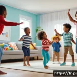 핑크퐁 마케팅 사례 - A vibrant and joyful scene featuring a diverse group of toddlers, aged 1-4, and their parents dancin...