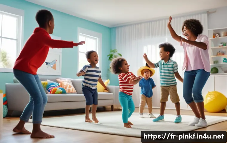 핑크퐁 마케팅 사례 - A vibrant and joyful scene featuring a diverse group of toddlers, aged 1-4, and their parents dancin...